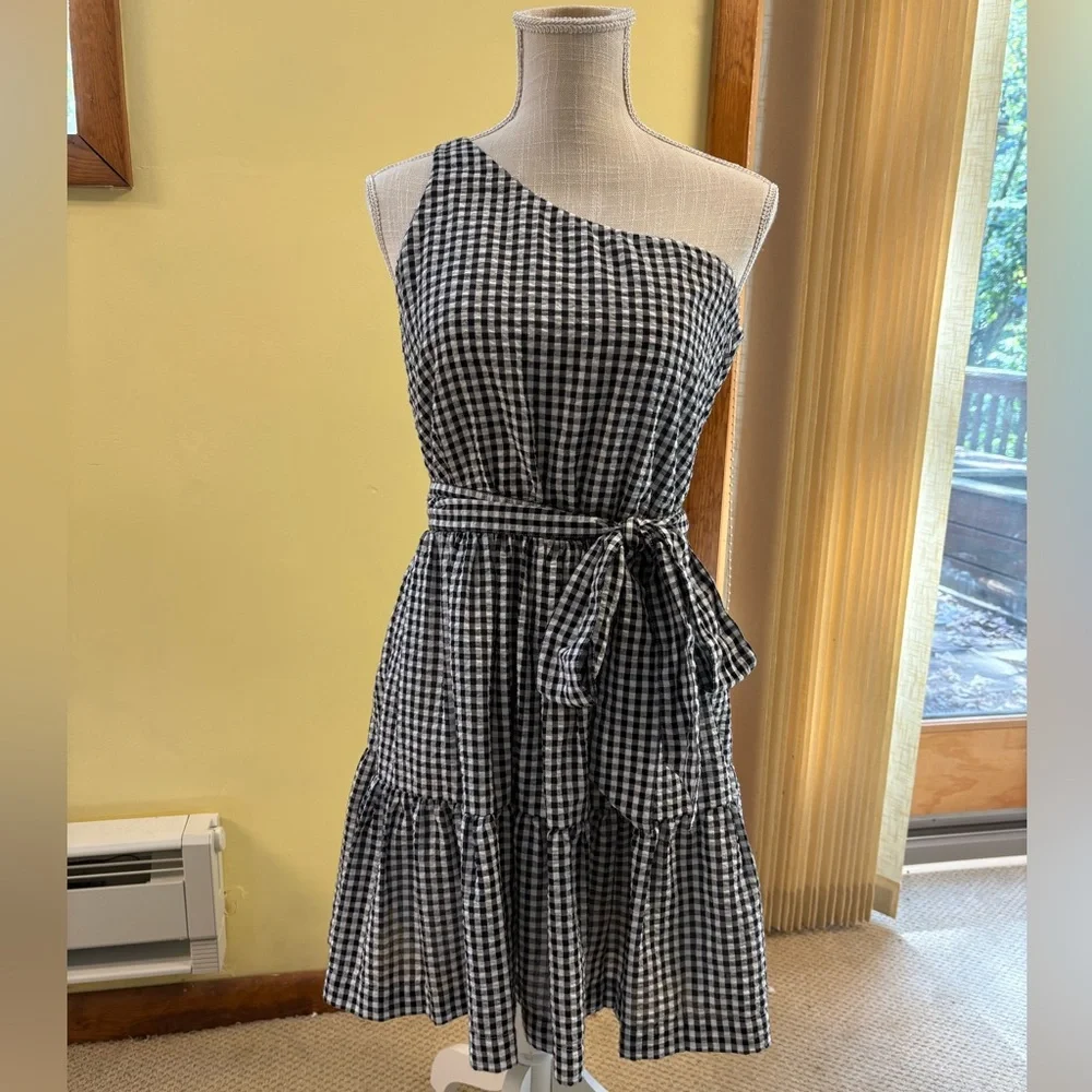 NEW Vineyard Vines Gingham Seersucker One-Shoulder A-Line Belted Dress 4 Plaid - Picture 4 of 13